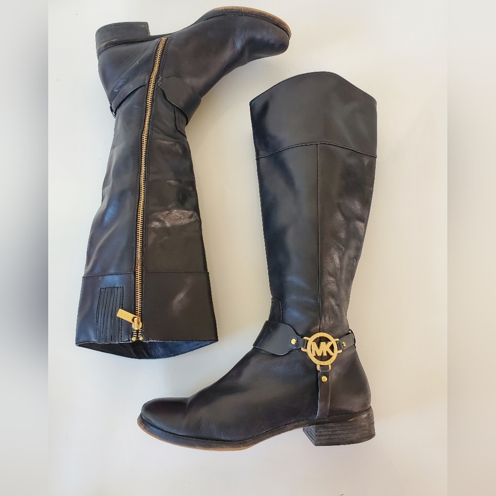 Michael Kors Fulton Harness Riding Boots Pull On Tall Black Rain Snow Size 10 M